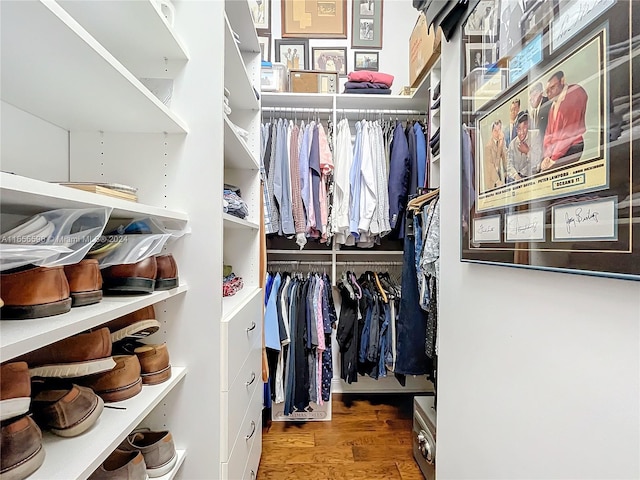 walk in closet with wood-type flooring