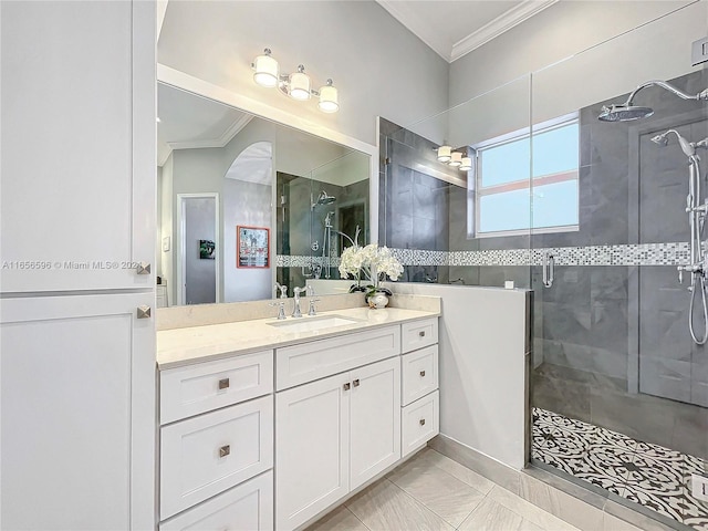 bathroom featuring vanity, ornamental molding, and an enclosed shower