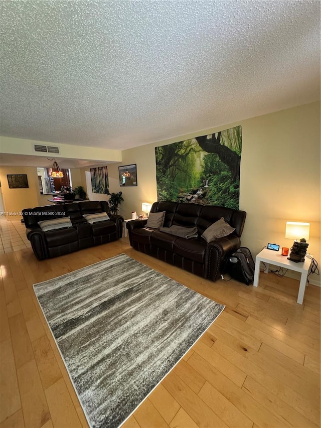 living room with a textured ceiling and hardwood / wood-style floors