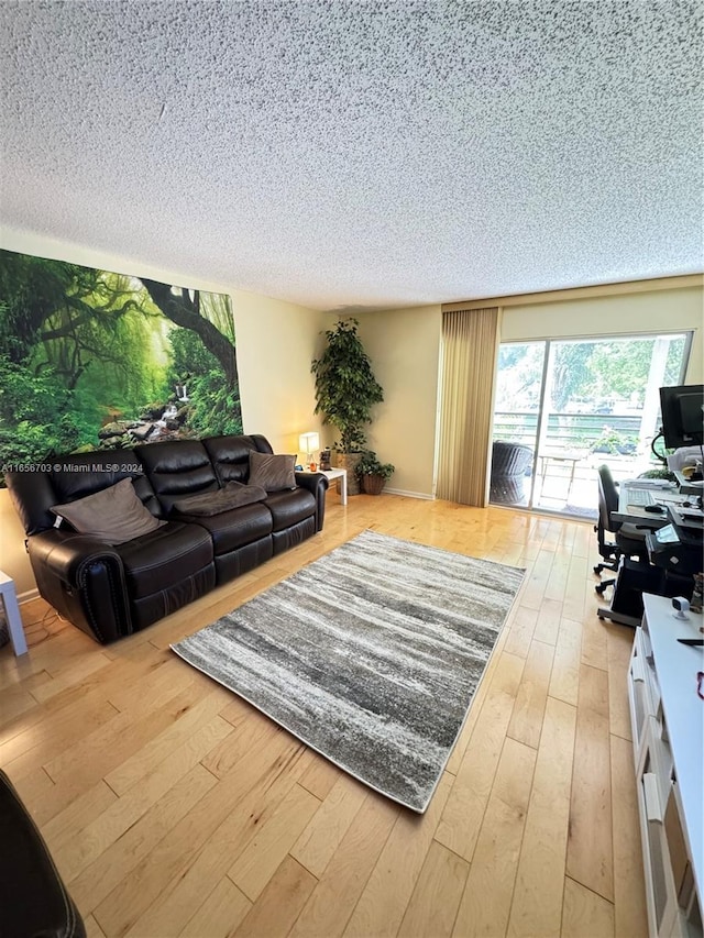 living room featuring a textured ceiling and light hardwood / wood-style flooring