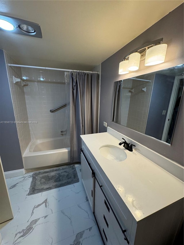 bathroom featuring shower / tub combo with curtain and vanity