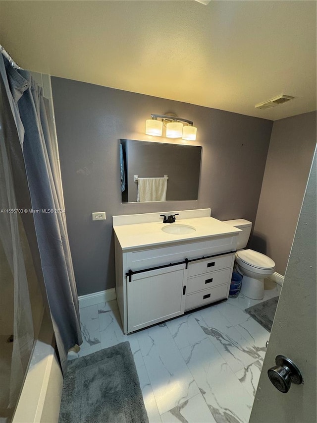 full bathroom with vanity, toilet, and shower / bathtub combination with curtain