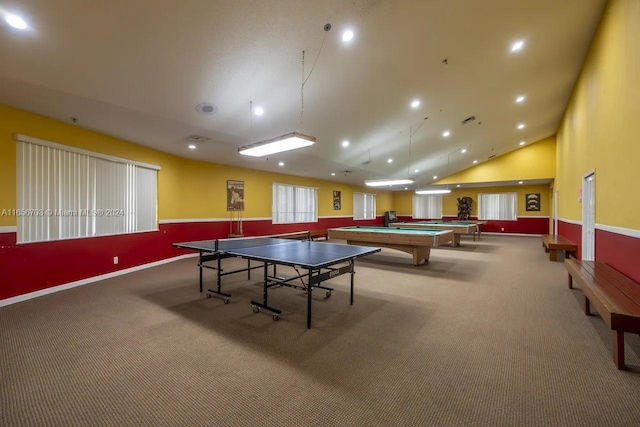 recreation room with billiards, carpet flooring, and lofted ceiling