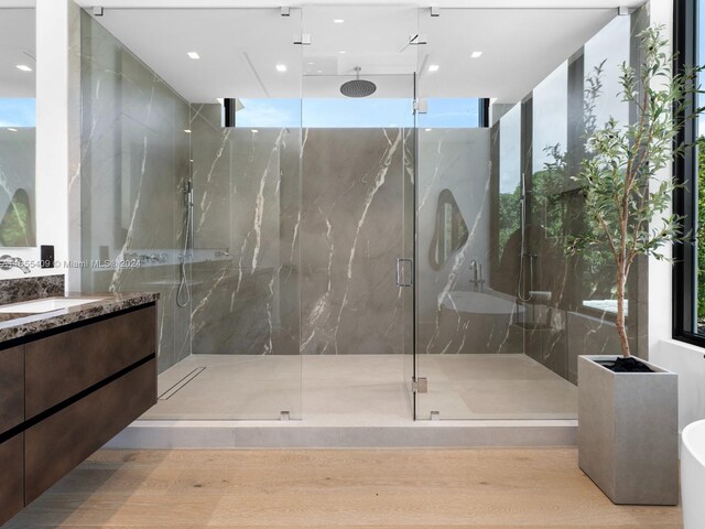 bathroom with a shower with shower door, plenty of natural light, and vanity