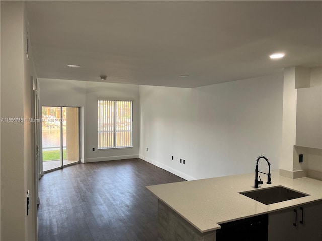 kitchen featuring light stone counters, dark hardwood / wood-style flooring, and sink