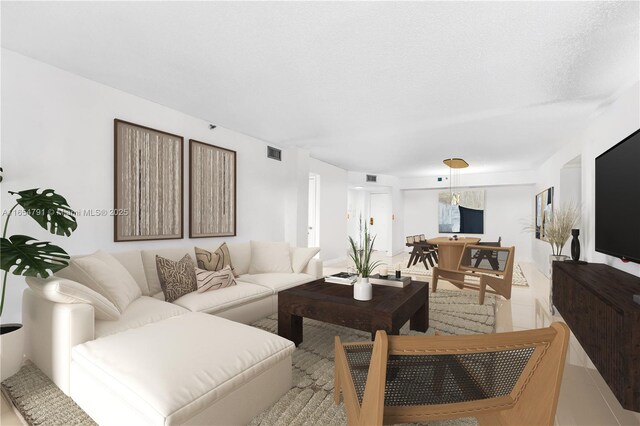 tiled living room with a textured ceiling