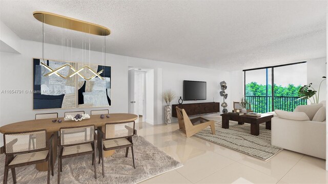 living room featuring a textured ceiling and tile patterned flooring