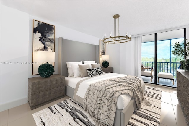 900 NE 195th St Unit 317, Miami, FL 33179 - tiled bedroom featuring expansive windows, access to exterior, and a chandelier