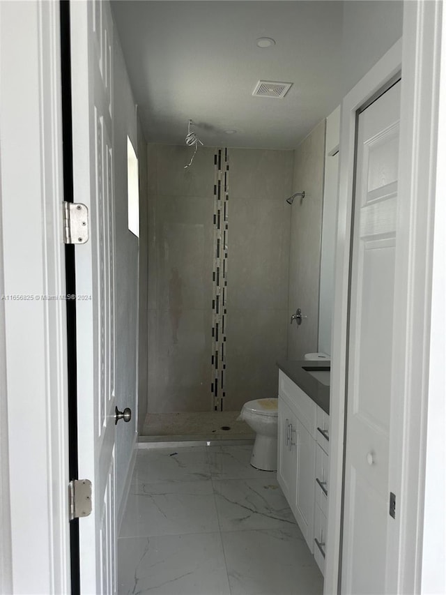 bathroom featuring toilet, vanity, and tiled shower