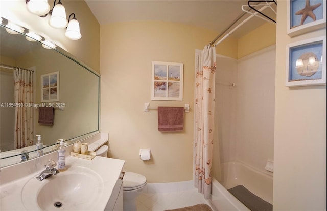 full bathroom featuring tile patterned floors, toilet, shower / tub combo, and vanity