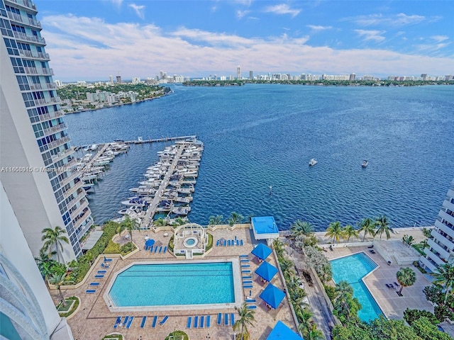 bird's eye view with a water view