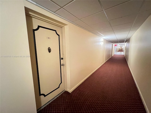 corridor with a drop ceiling, dark carpet, and baseboards