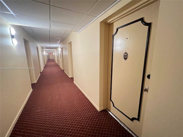 hall featuring baseboards, dark colored carpet, and a drop ceiling