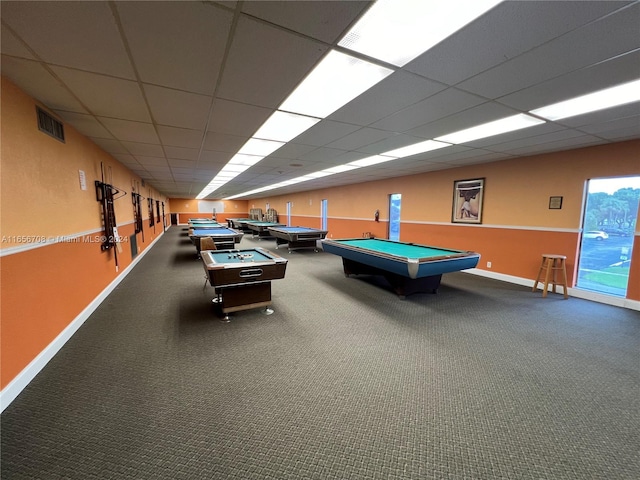 rec room with billiards, a paneled ceiling, and carpet floors