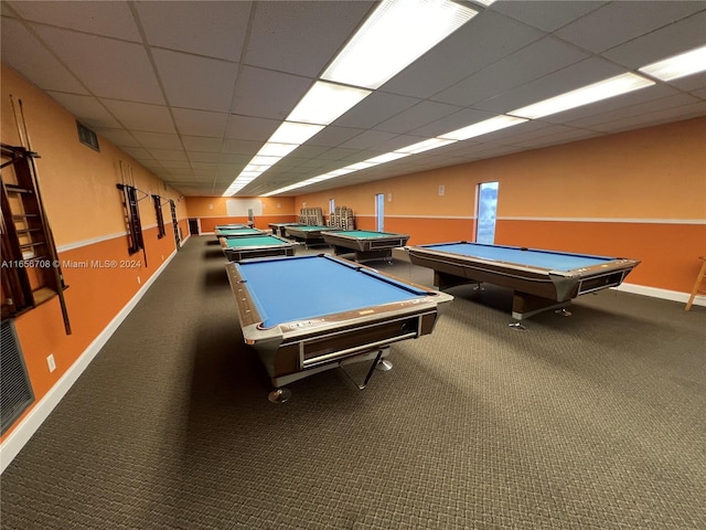 game room featuring visible vents, pool table, carpet flooring, a paneled ceiling, and baseboards