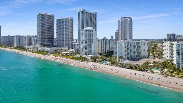 drone / aerial view with a water view and a view of the beach