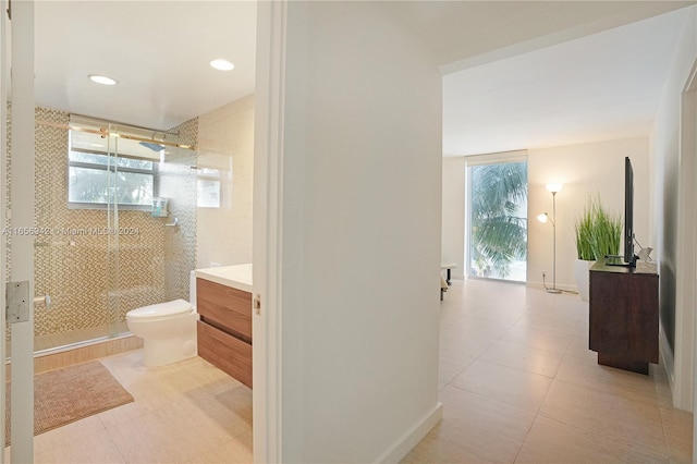 bathroom featuring vanity, toilet, a healthy amount of sunlight, and a shower with shower door