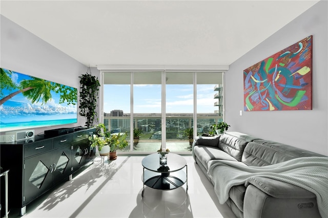 living room with floor to ceiling windows