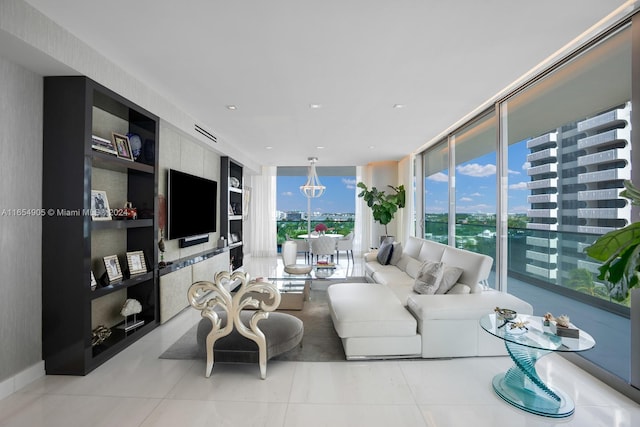 living room featuring floor to ceiling windows and light tile patterned flooring