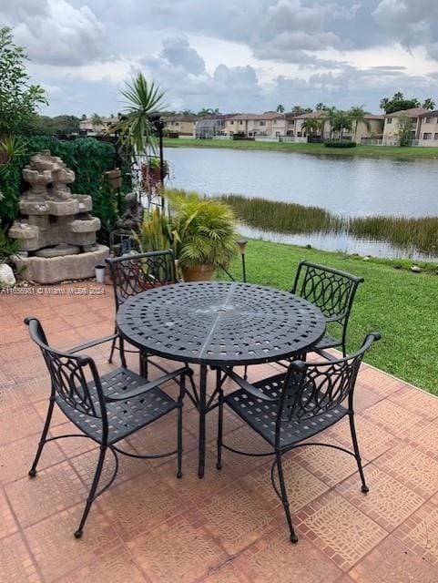 view of patio featuring a water view