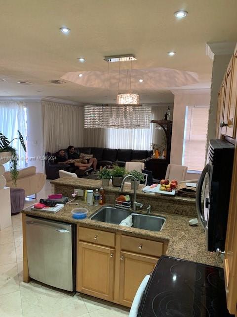 kitchen with light tile patterned floors, sink, stainless steel dishwasher, a notable chandelier, and crown molding