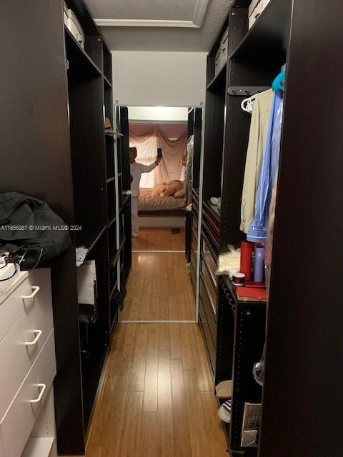 walk in closet with light wood-type flooring