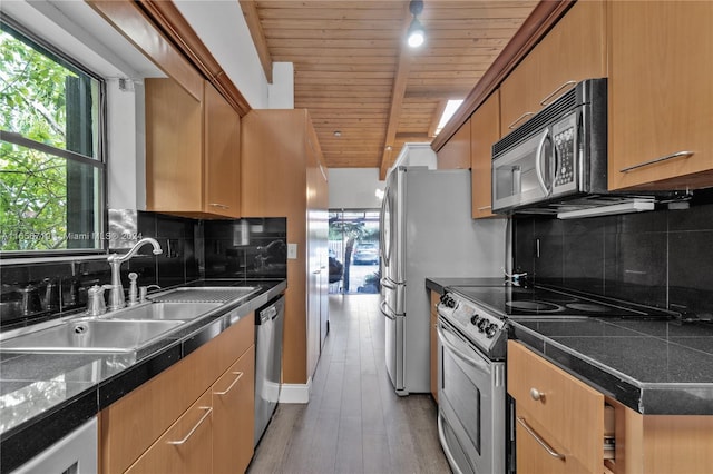 kitchen featuring light hardwood / wood-style flooring, backsplash, stainless steel appliances, sink, and wood ceiling