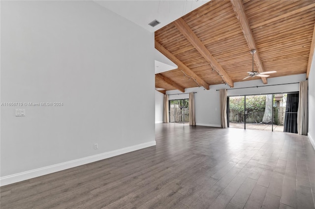 empty room featuring dark hardwood / wood-style flooring, ceiling fan, wooden ceiling, and lofted ceiling with beams