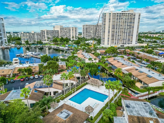 bird's eye view with a water view