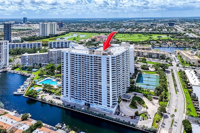 aerial view featuring a water view