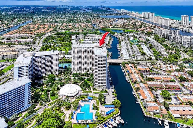 drone / aerial view with a water view