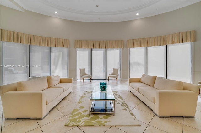 tiled living room featuring ornamental molding