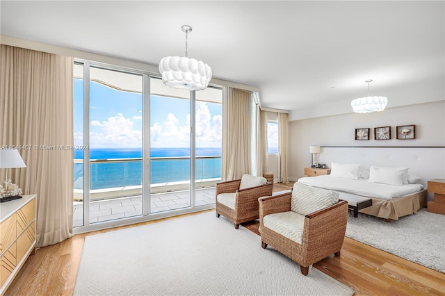 bedroom with access to outside, light hardwood / wood-style flooring, a water view, and a view of the beach