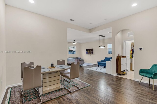 office area with hardwood / wood-style flooring and ceiling fan