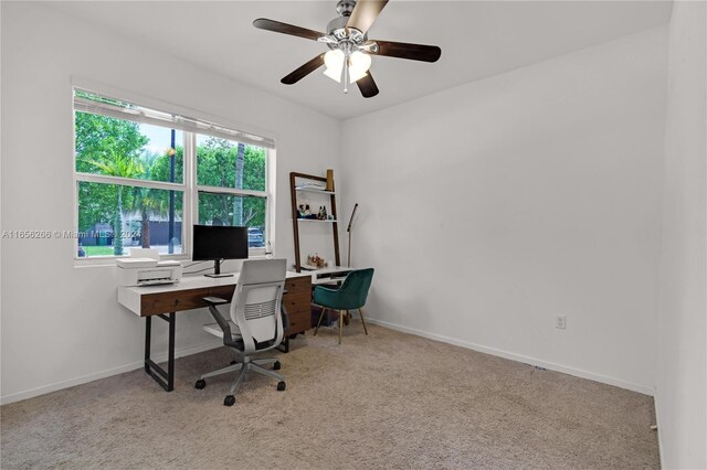 carpeted office with ceiling fan