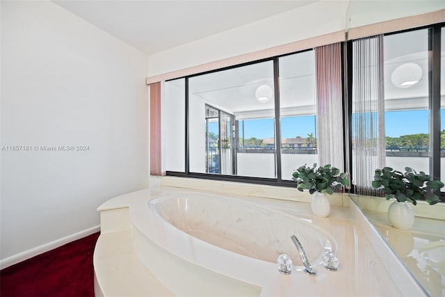 bathroom with a water view and a bathing tub