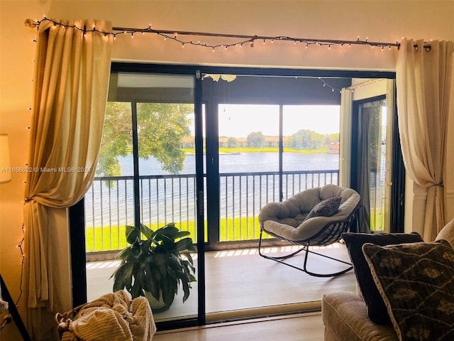 interior space featuring a healthy amount of sunlight, hardwood / wood-style floors, and a water view