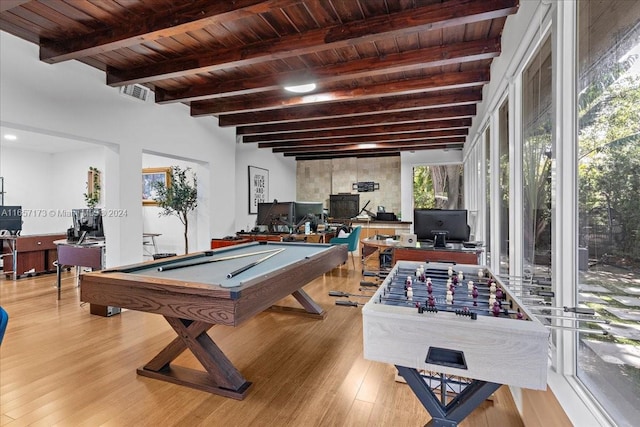 playroom featuring light wood-type flooring, wood ceiling, beamed ceiling, and billiards