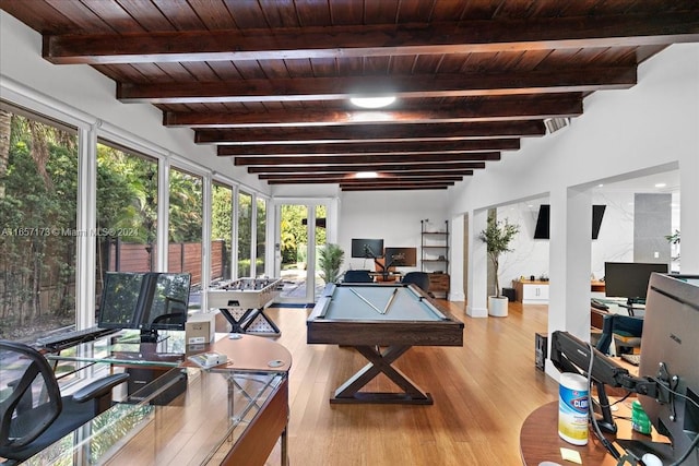 sunroom / solarium featuring wood ceiling, beamed ceiling, and billiards