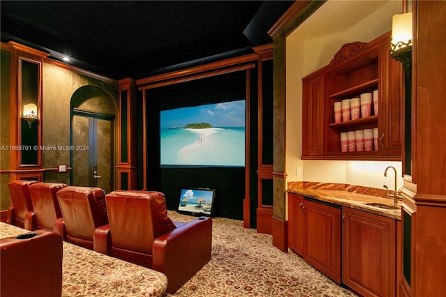 carpeted cinema room with sink