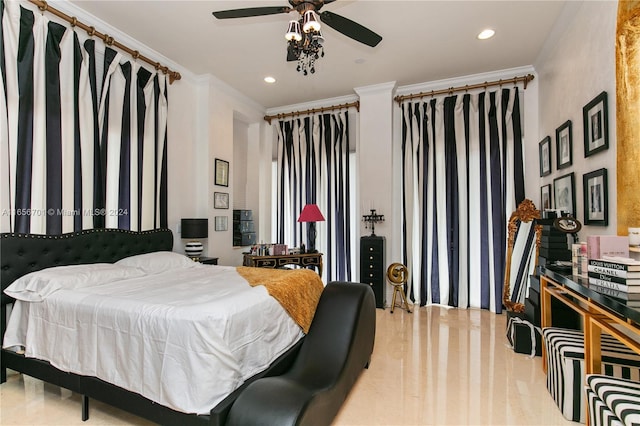 bedroom featuring ceiling fan and ornamental molding