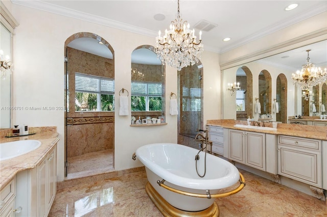 bathroom featuring independent shower and bath, a chandelier, crown molding, and vanity