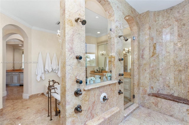 bathroom with crown molding, vanity, and independent shower and bath