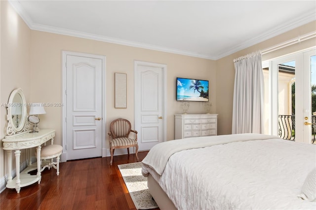 bedroom featuring crown molding, access to exterior, and dark hardwood / wood-style floors