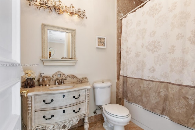 full bathroom featuring tile patterned flooring, vanity, toilet, and shower / bathtub combination with curtain