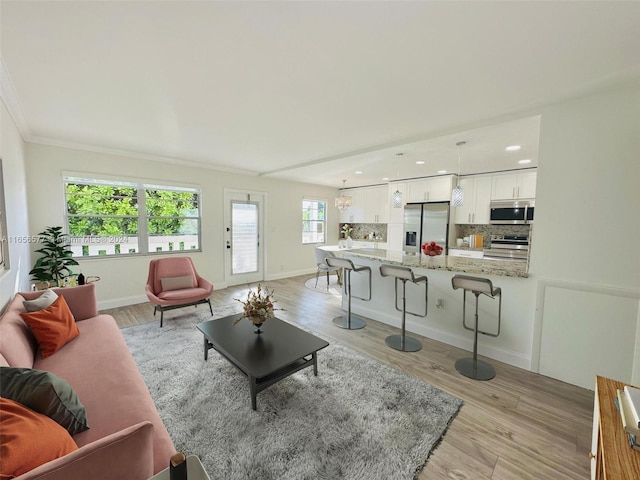 living room with light wood-type flooring and crown molding