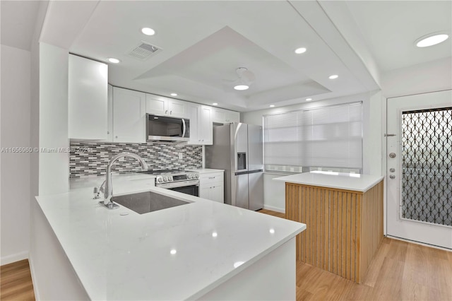 kitchen featuring light wood-type flooring, appliances with stainless steel finishes, kitchen peninsula, and white cabinetry