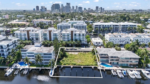 bird's eye view with a water view