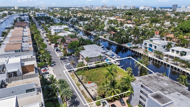 aerial view featuring a water view