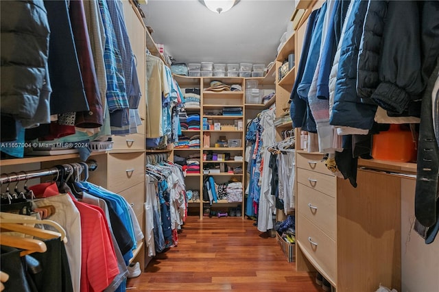 walk in closet with dark hardwood / wood-style floors